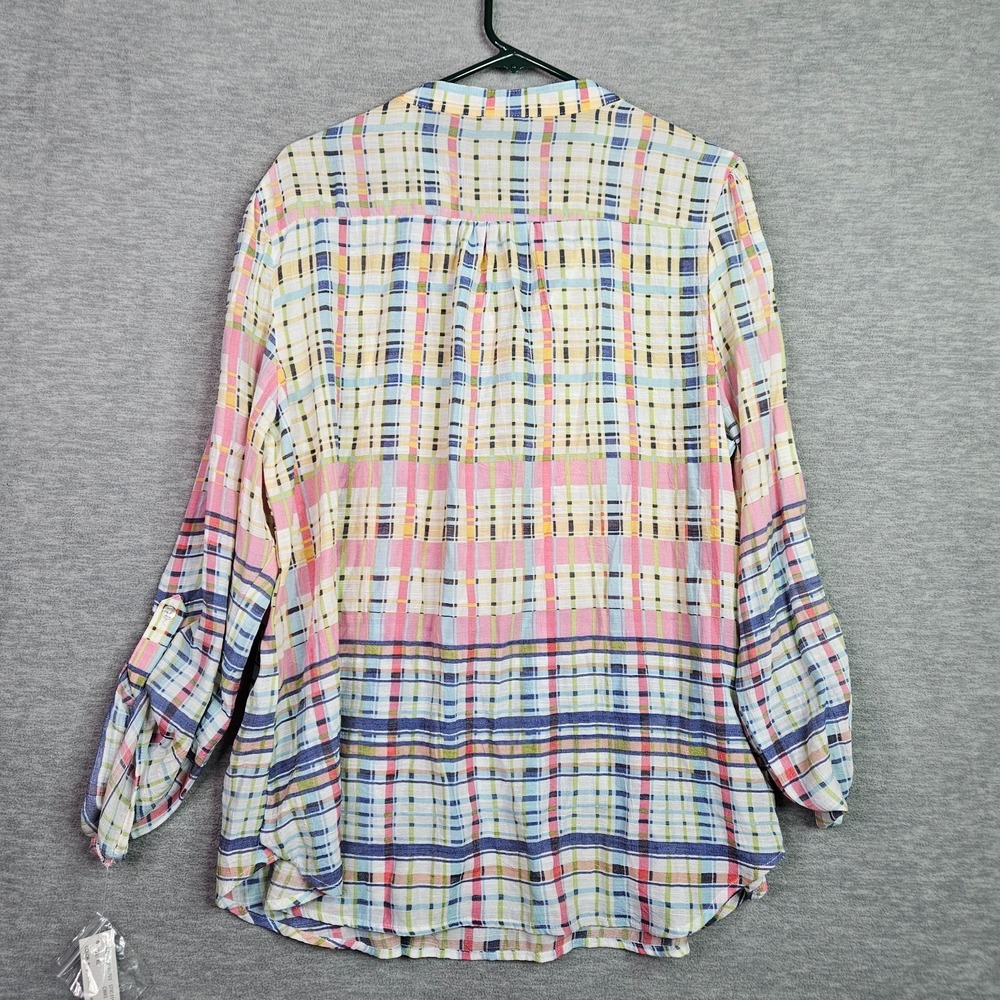 Zac & Rachel Women Plaid Blouse XL Roll Tab Sleeve Lightweight Top NWT - Picture 2 of 9